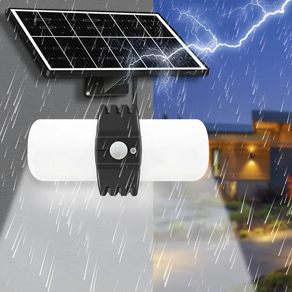 Black outdoor solar floodlight with motion sensor and abstract design on wall mounting bracket