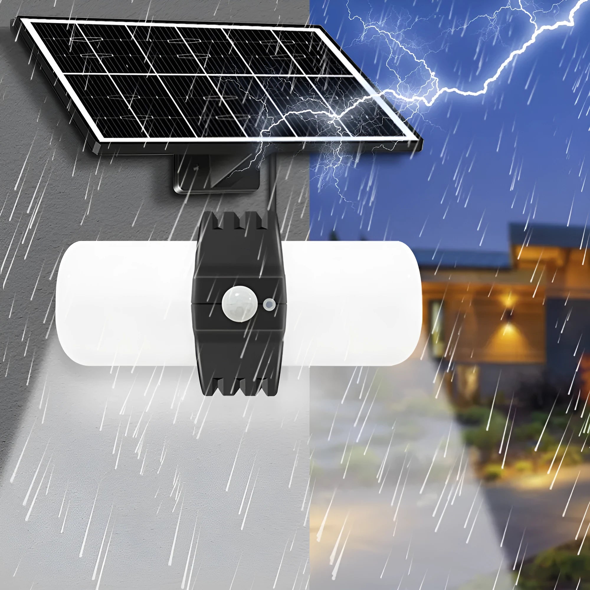 Black outdoor solar floodlight with motion sensor and abstract design on wall mounting bracket