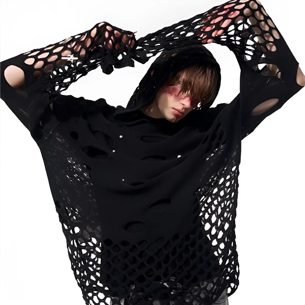 Black men's hoodie with pearl decorations, loose thin material, hood up.