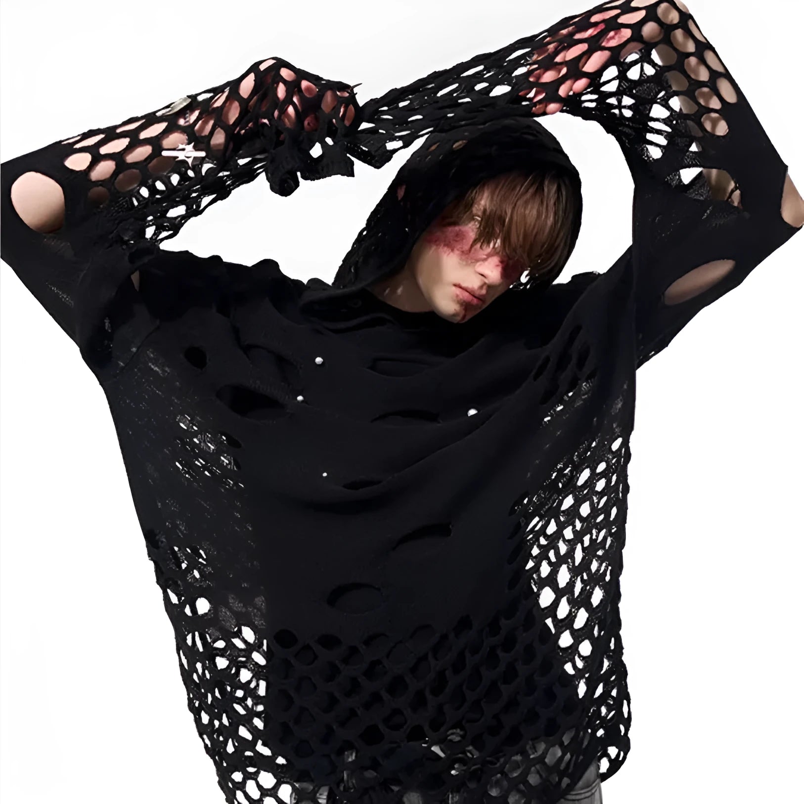 Black men's hoodie with pearl decorations, loose thin material, hood up.