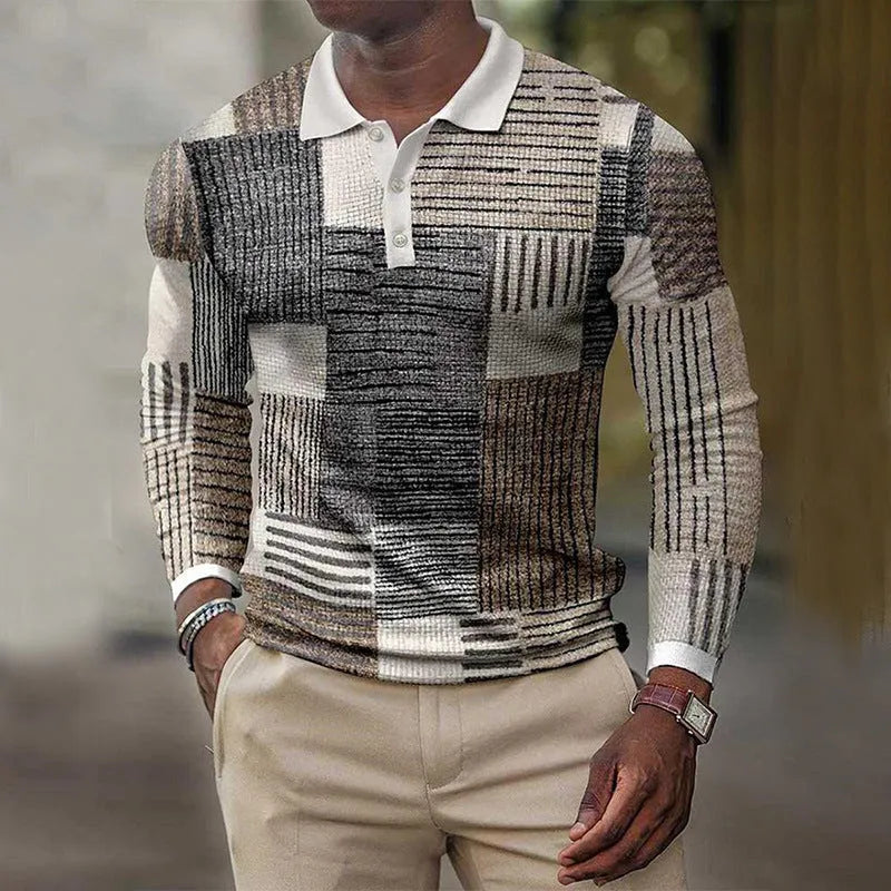 Men's grey striped long-sleeved top with 3D printed texture on mannequin