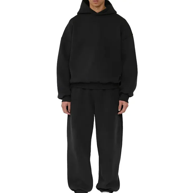 Man wearing a solid colour fleece-lined cotton pullover sweater with a wool lining.