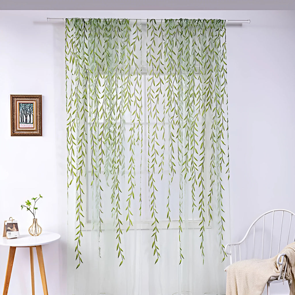 Inverted willow wicker pattern offset print curtain panel in green on white background