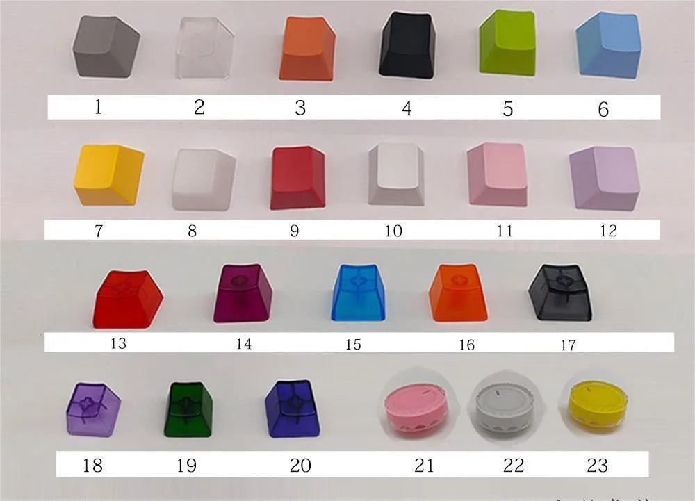 Single mechanical keyboard keycap made of ABS plastic with cross shaft mount, light-transmitting design, one of seven style options.