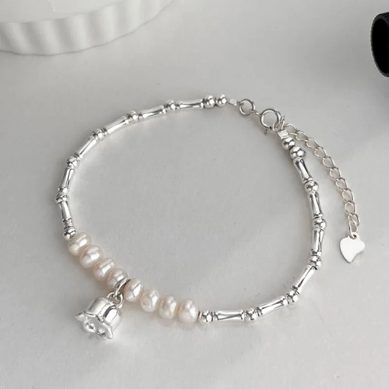 Silver pearl lily of the valley pendant bracelet on copper chain