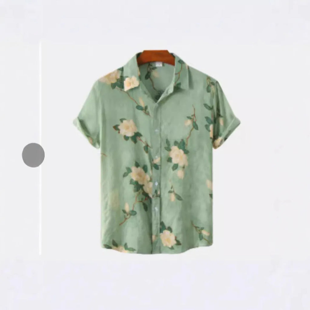Hawaiian print short sleeve cardigan shirt with floral digital pattern on elastic polyester fabric