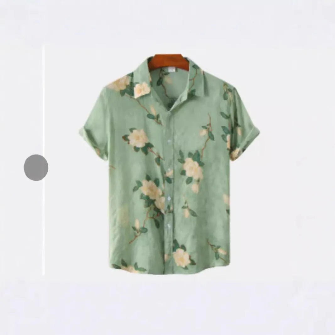 Hawaiian print short sleeve cardigan shirt with floral digital pattern on elastic polyester fabric
