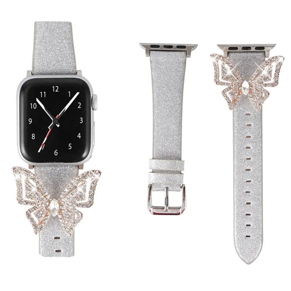 Glitter diamond butterfly pattern on a leather watch strap for Apple Watch