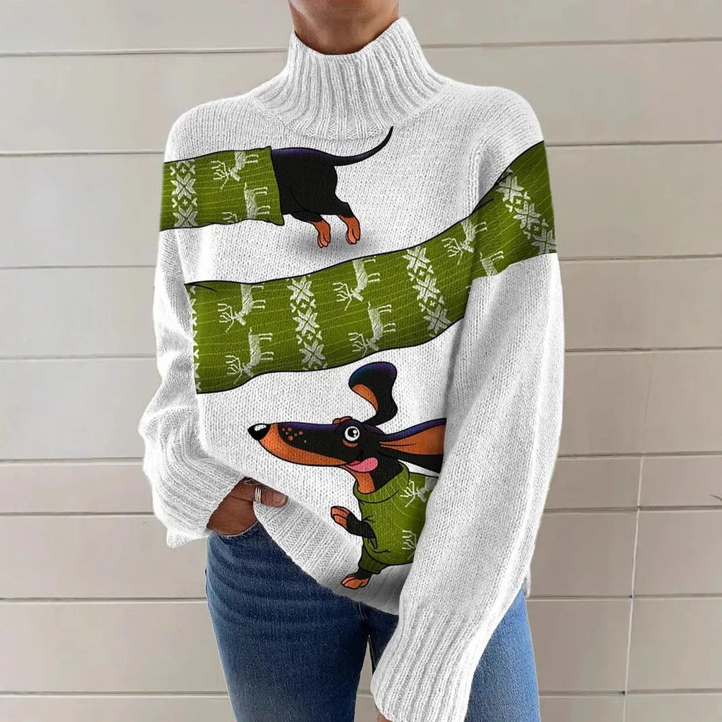 Women's Christmas printed turtleneck sweater in macaron colours with loose fit design