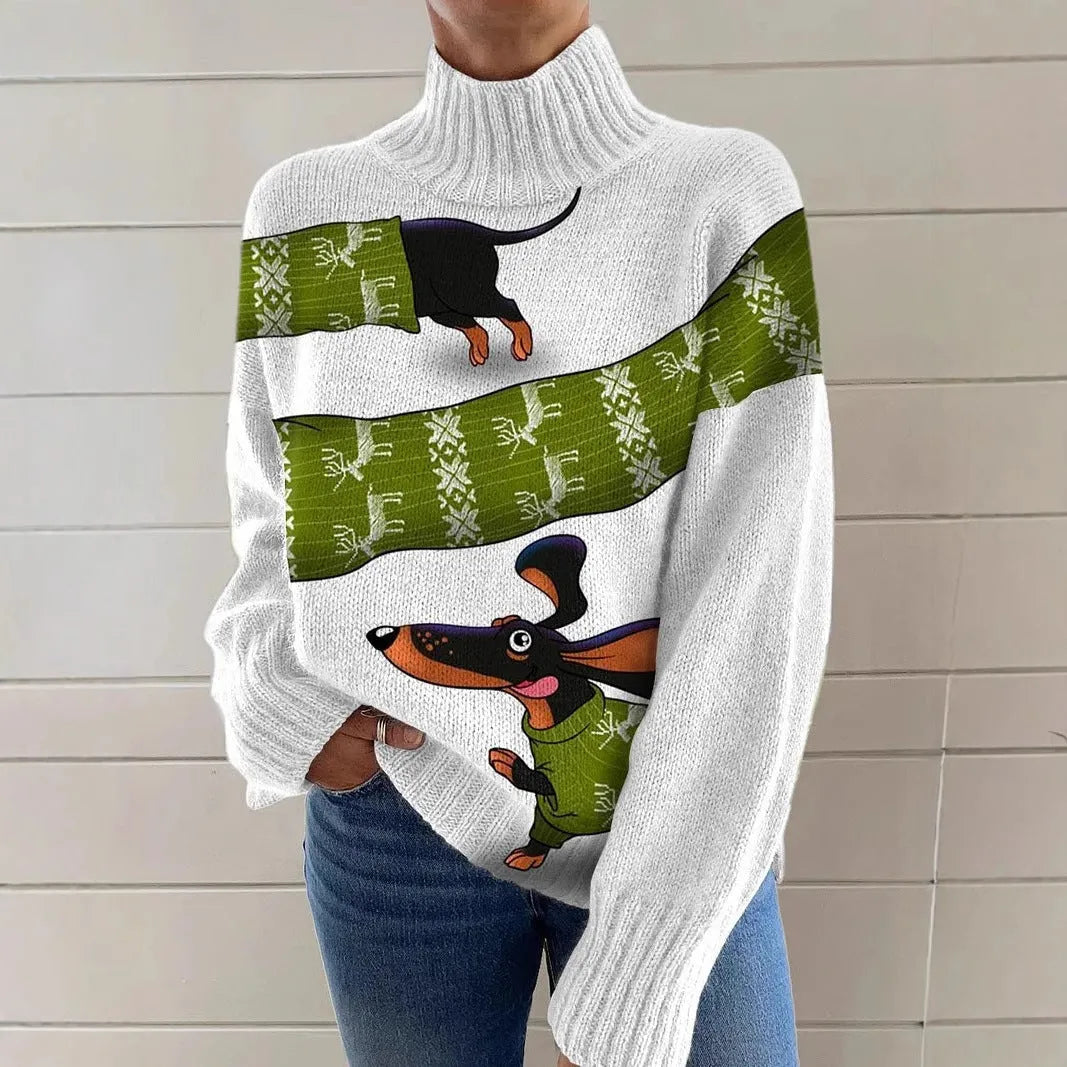 Women's Christmas printed turtleneck sweater in macaron colours with loose fit design