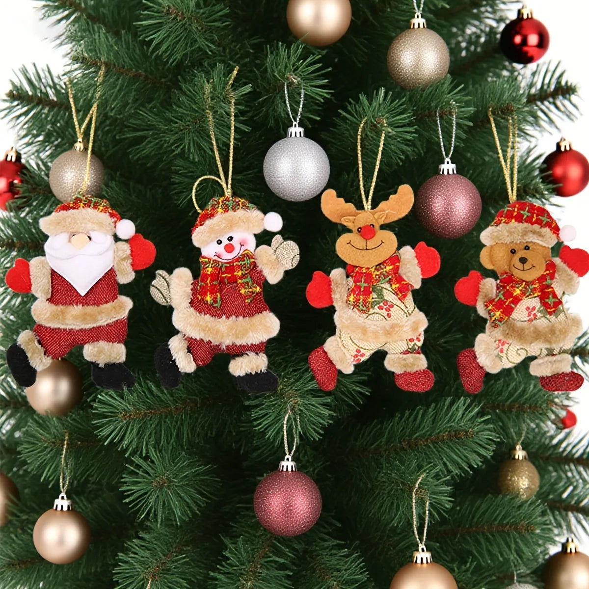 Christmas tree ornaments set with Santa, snowman, reindeer and bear figures in red and white scarves, golden balls and red bows.