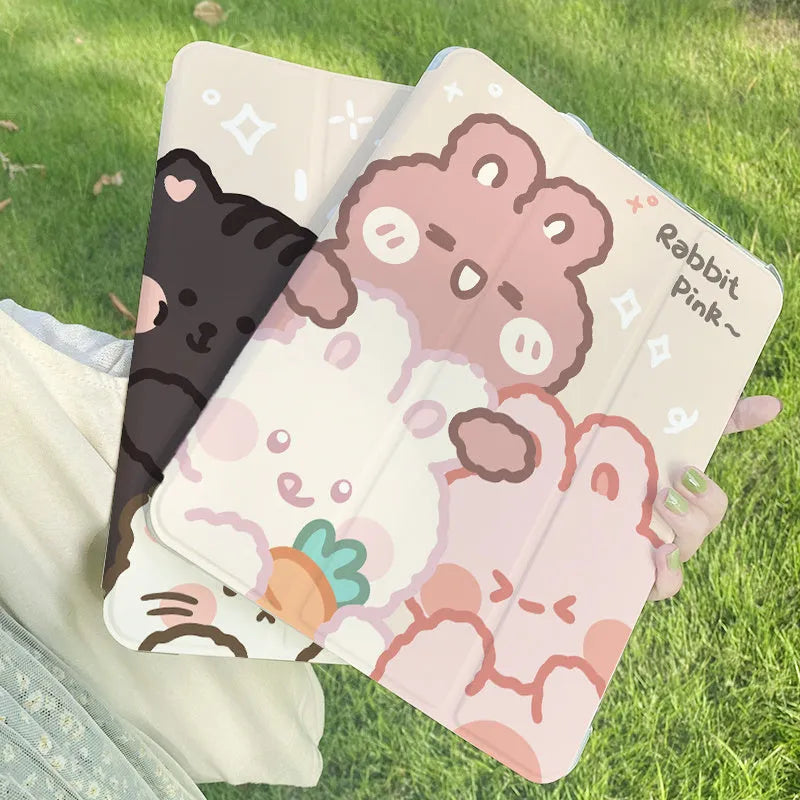 Silicone tri-fold protective case for iPad in cartoon rabbit design, shown in stand mode.