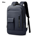 Lightweight Oxford cloth men's backpack in dark gray with sewing line detailing and thin profile