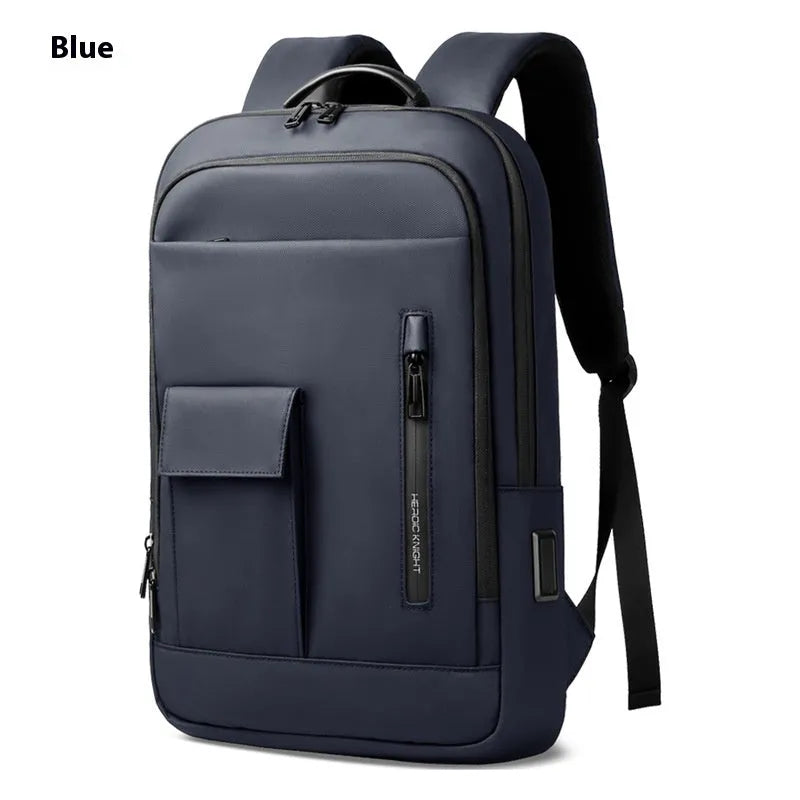 Lightweight Oxford cloth men's backpack in dark gray with sewing line detailing and thin profile