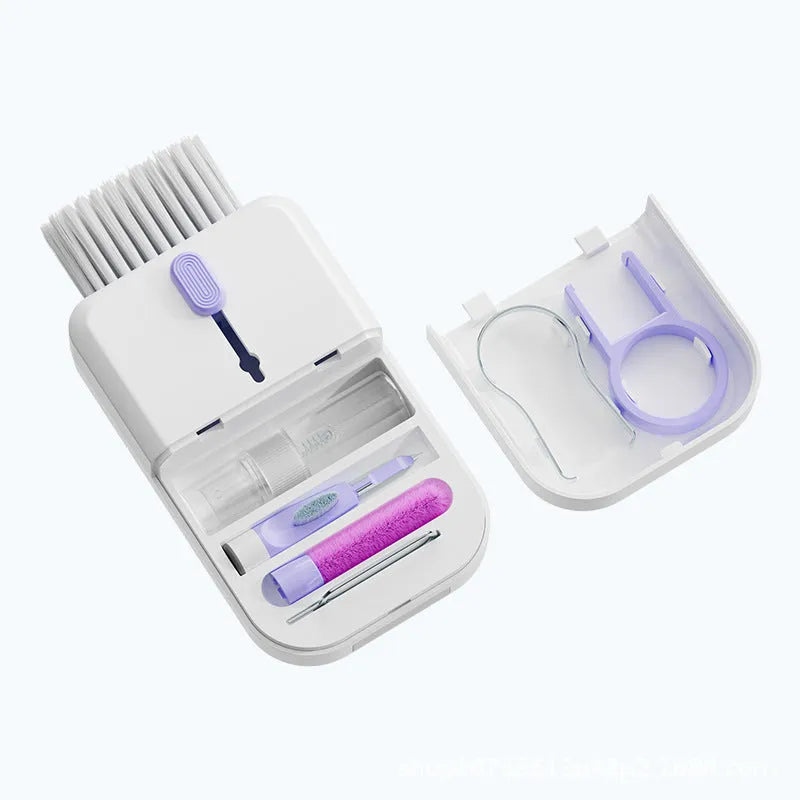 Portable 11 in 1 cleaning kit with brushes and storage box in blue and orange for keyboard and phone screen cleaning