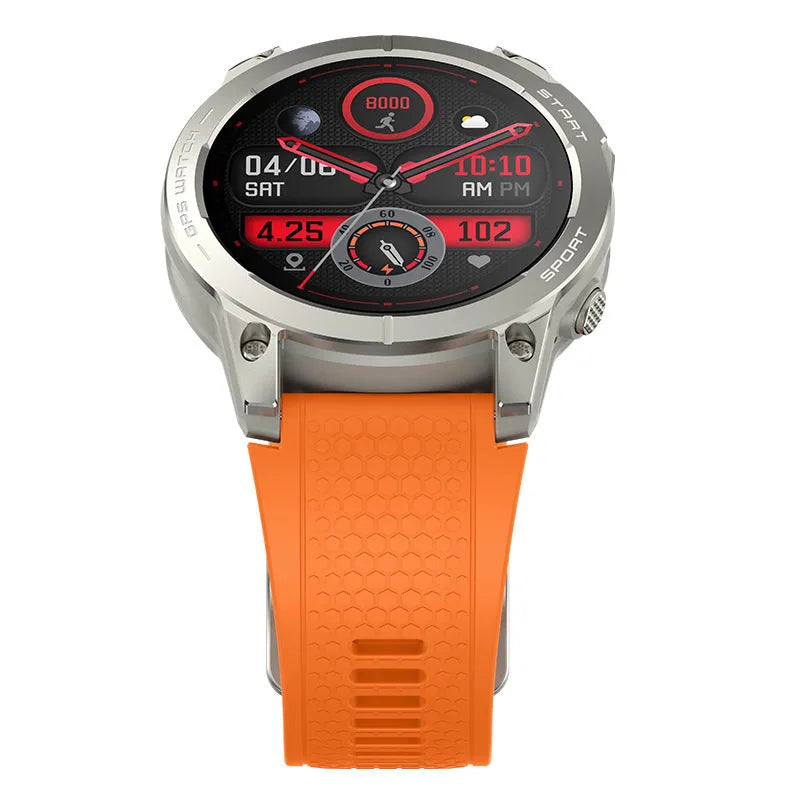 S53 Outdoor GPS Sports Smart Watch in Black or Orange with zinc alloy frame and silicone strap.