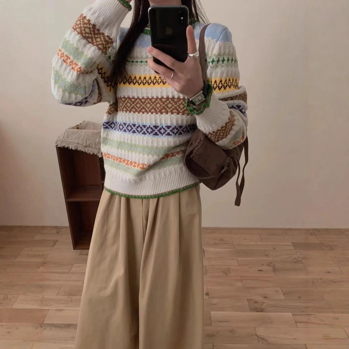 Women's loose jacquard knitted sweater pullover with retro art splicing in polyester cashmere blend