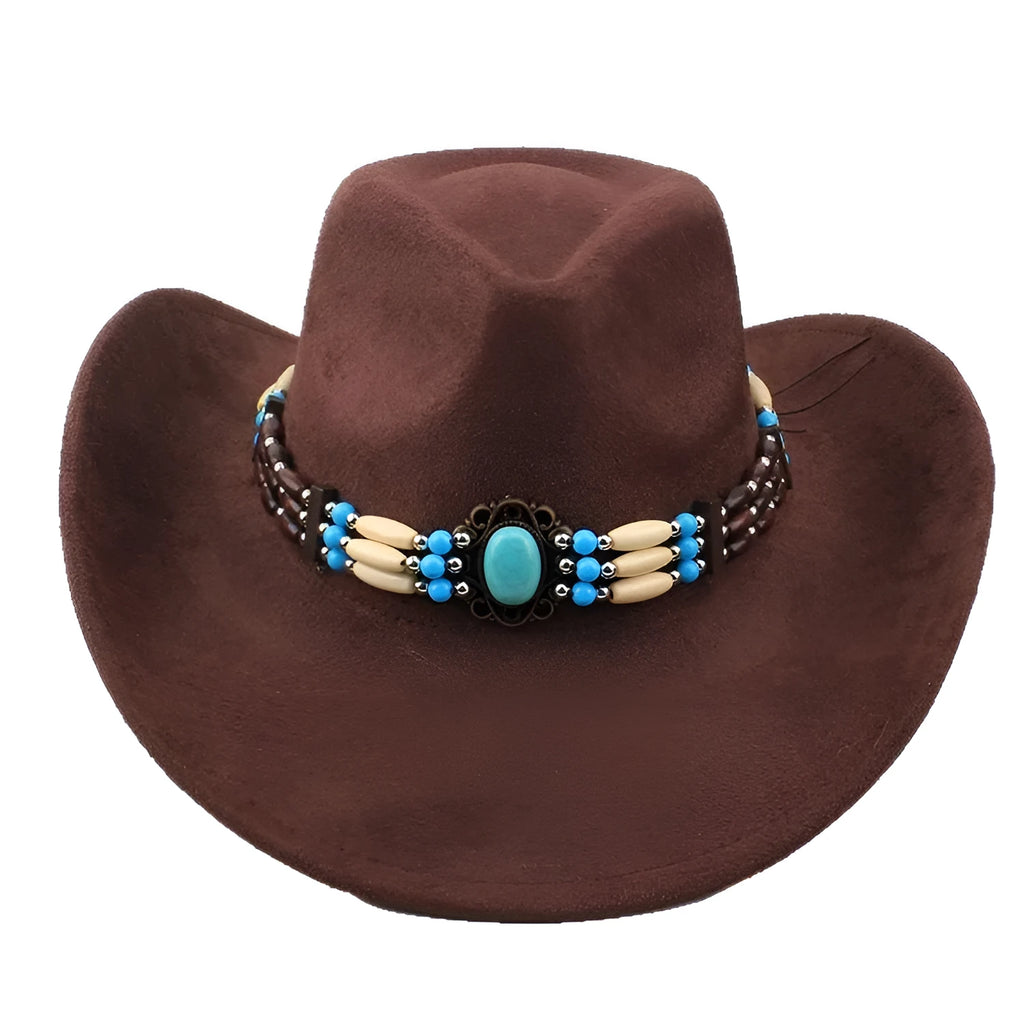Western cowboy wide brim faux fur top hat in black with dome crown and average size 58cm for sun protection