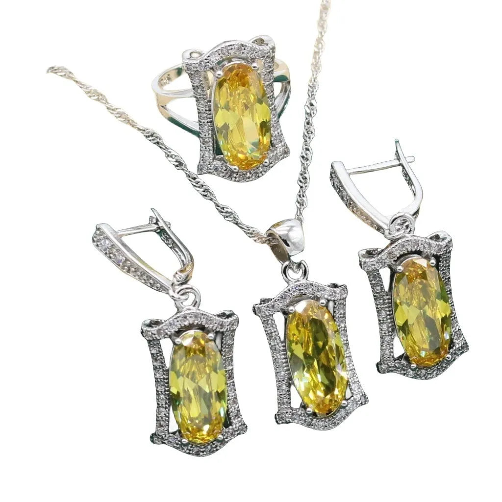 Zircon jewellery set with anti-allergy alloy pendant, snake bones chain, earrings, ring and bracelet in yellow or olive