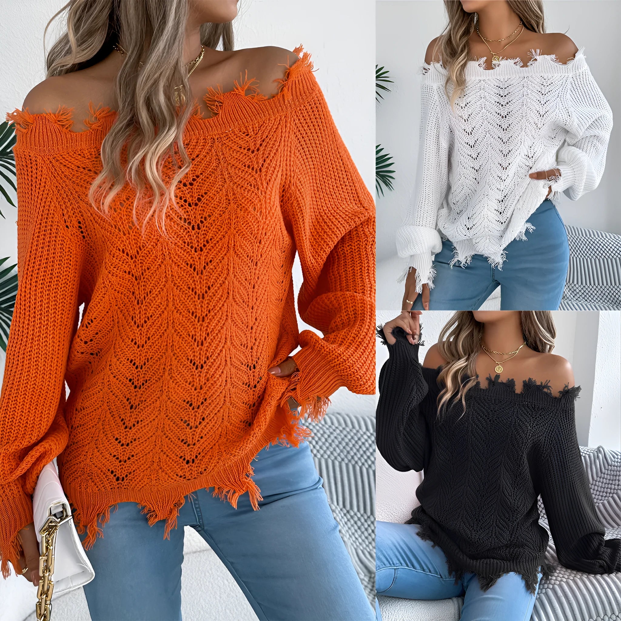 White women's pullover sweater with cut-off-the-shoulder neckline and hollow-out patterned long sleeves.
