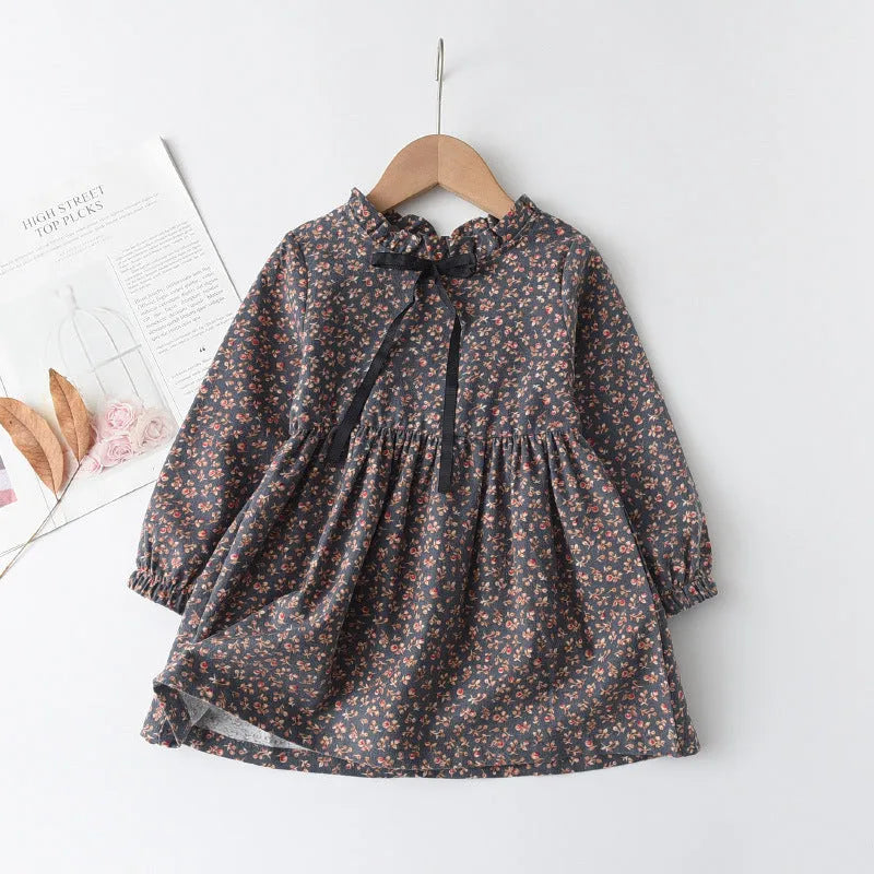 Little floral cotton girls' ribbon bowknot dress in pink, long sleeves, princess style for heights 90-150cm