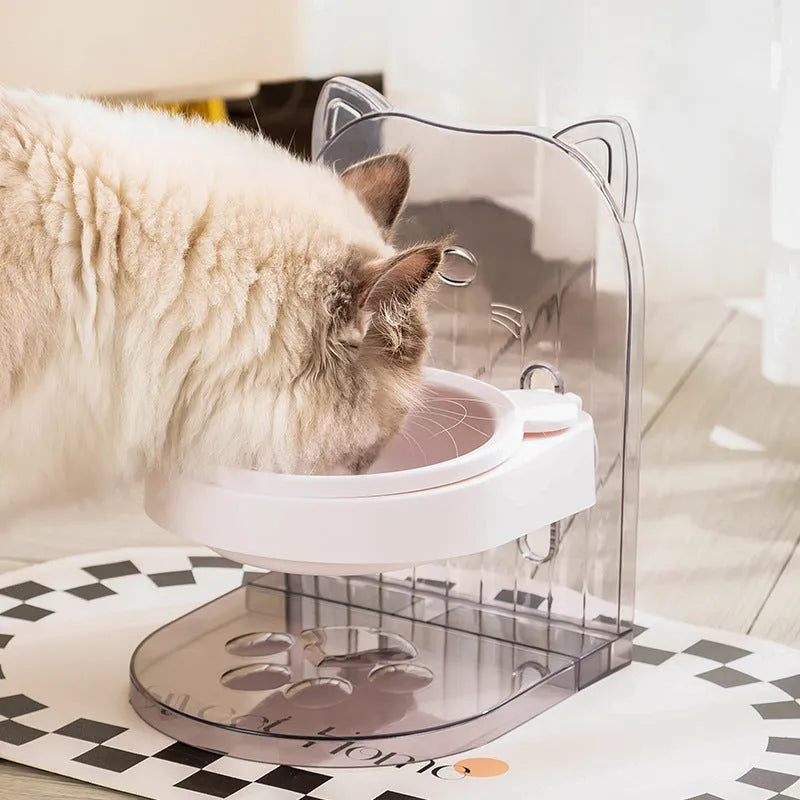 Grey adjustable cat feeding bowl with removable anti-spill ears and hanging cage