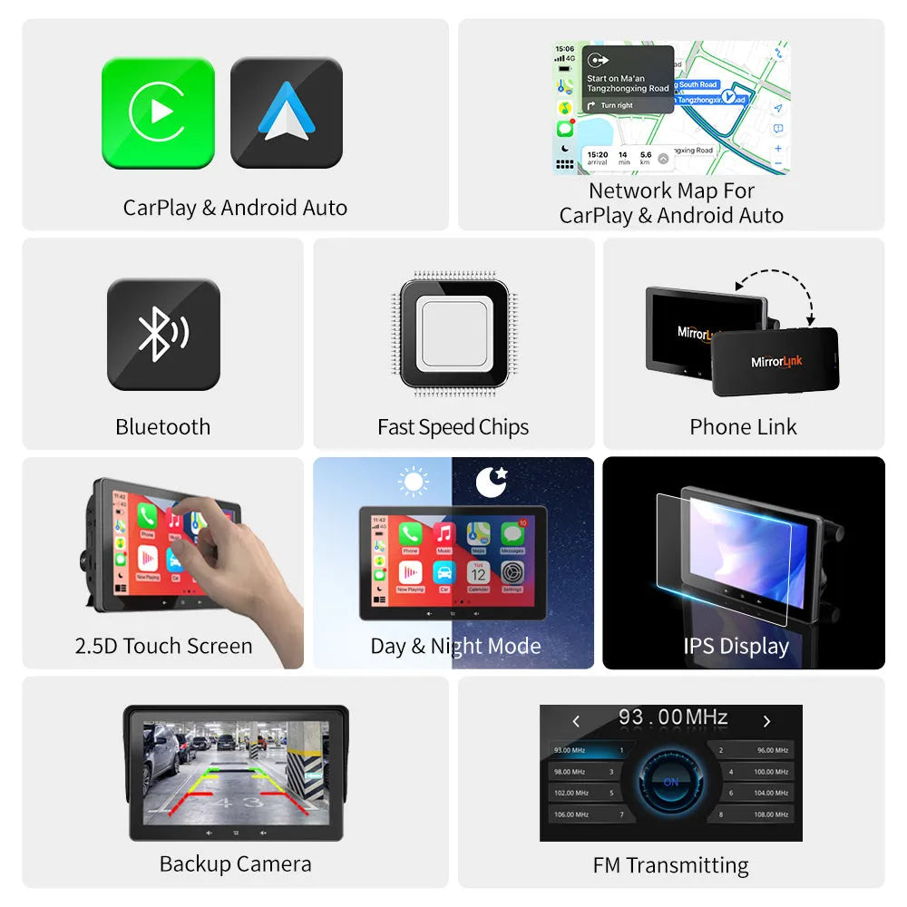 7 inch car wireless CarPlay display with suction cup mount and cigarette lighter power cable
