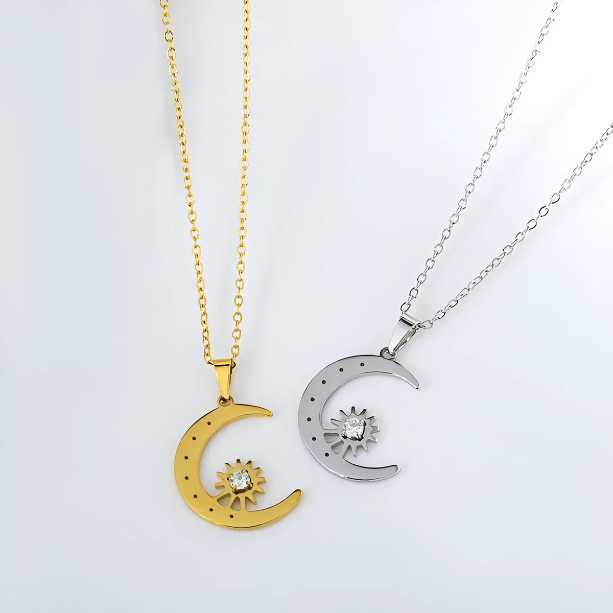Titanium steel star moon pendant necklace for women, available in steel or gold colour, geometric design