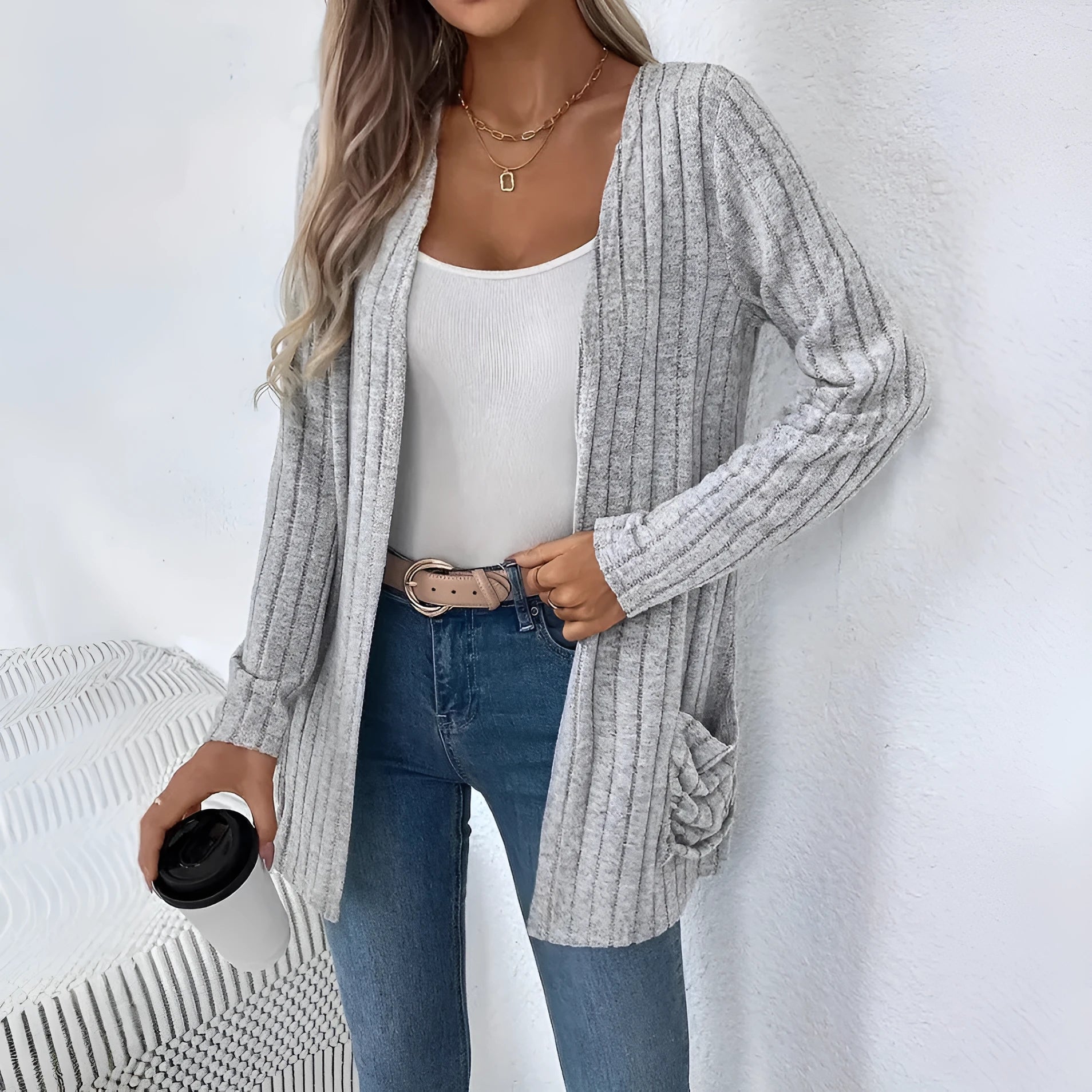 Granny grey loose fit long sleeve cardigan with pocket showing front view