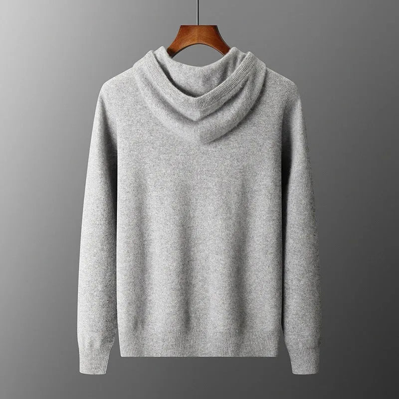 Men's light grey cashmere hooded sweatshirt and trousers set for winter leisure wear.