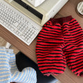 Children's unisex fleece-lined high-waist harem pants in creamy blue stripes with elastic waistband for winter