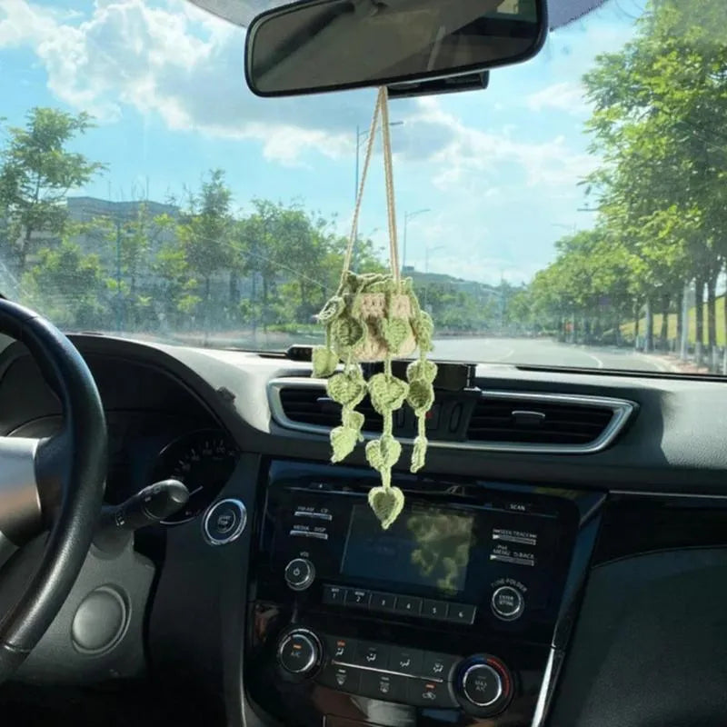 Knitted wool car plant decoration with green and white pattern, 8cm basin and hanging cord