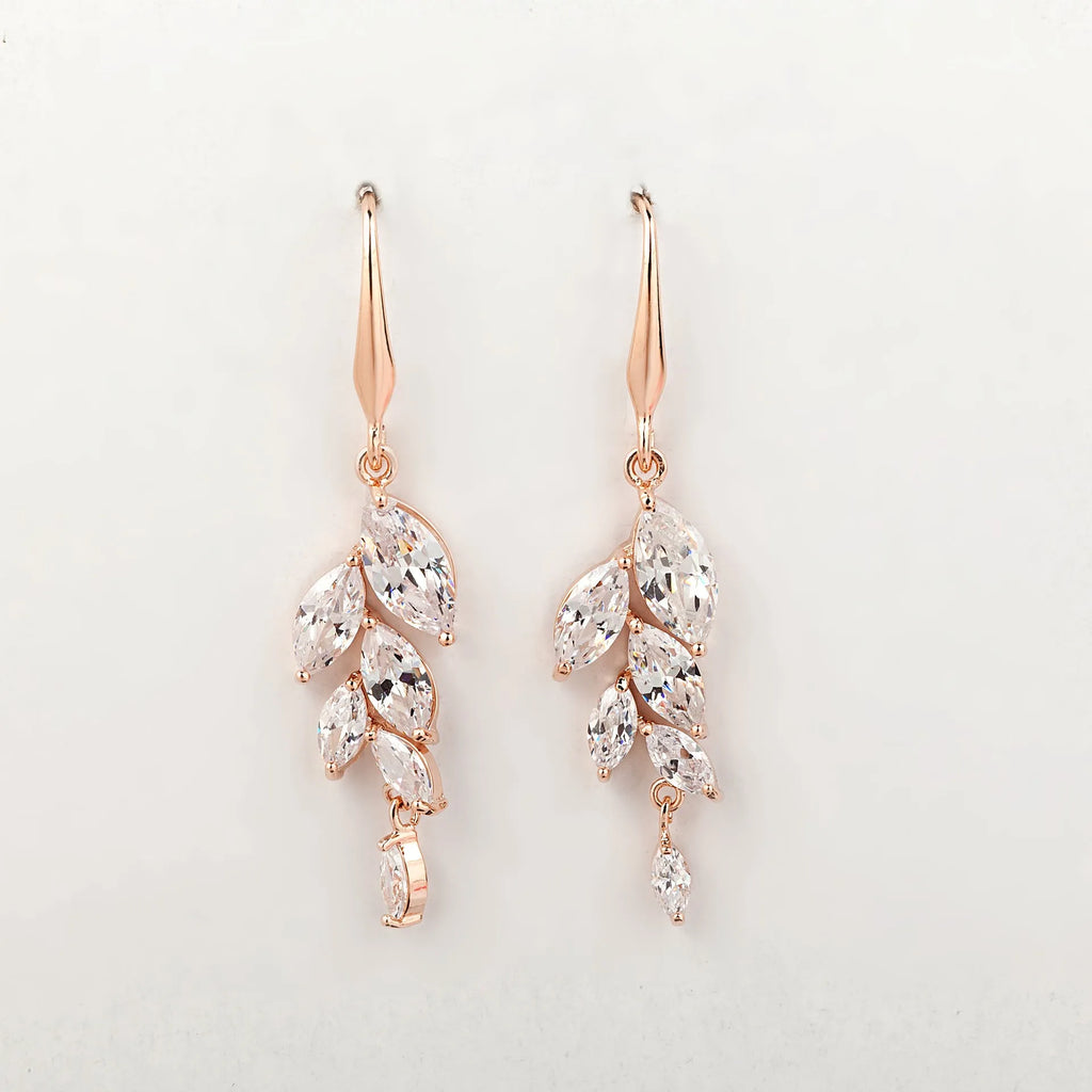 Fashion leaf earrings with zircon accents in coloured rose gold electroplating finish