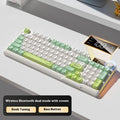 Wireless blue and white mechanical feel keyboard and mouse set on a desk with a Type-C cable.