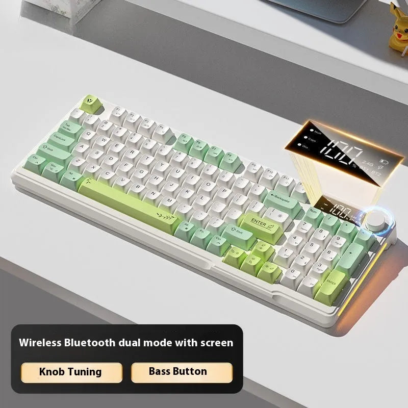 Wireless blue and white mechanical feel keyboard and mouse set on a desk with a Type-C cable.