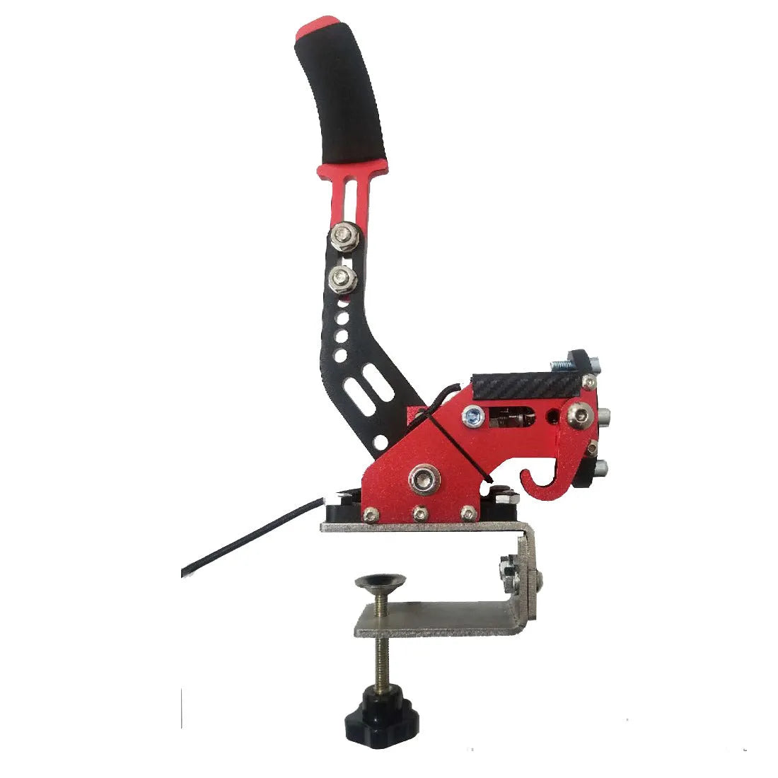 USB PC sim racing handbrake with linear lever and adjustable mounting clamp in multiple colours.