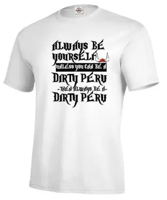 Men's white printed short sleeve polyester T-shirt on hanger showing straight cut casual design
