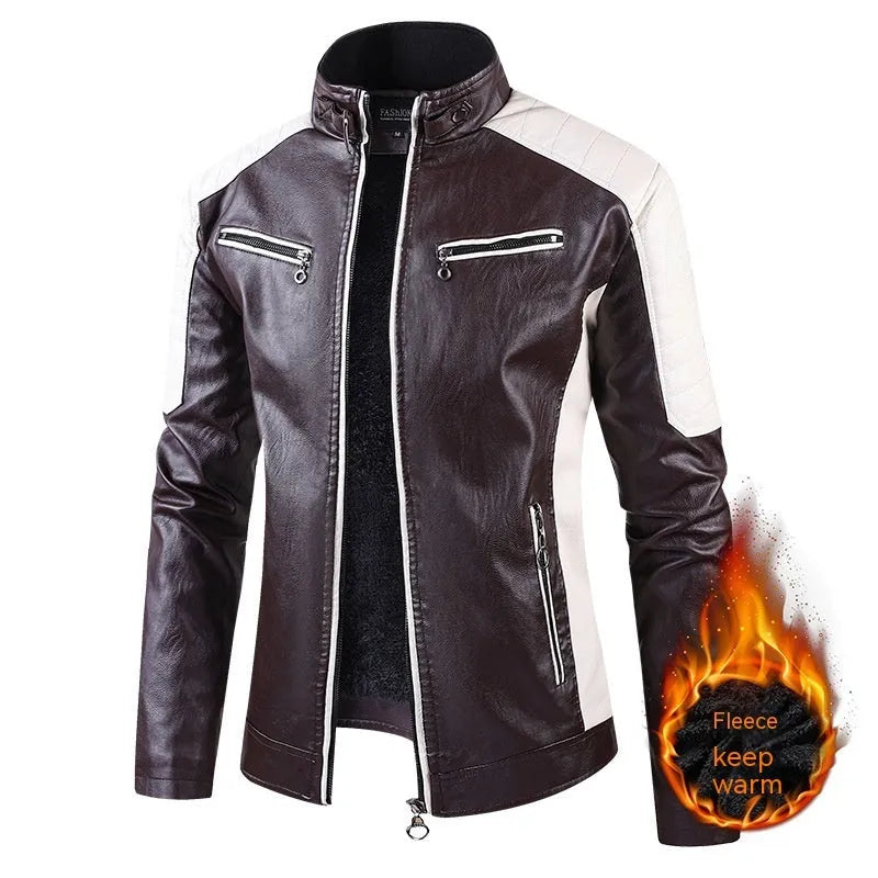 Men's PU leather coat with fleece lining, zipper pockets, retro straight hem, available in multiple colours