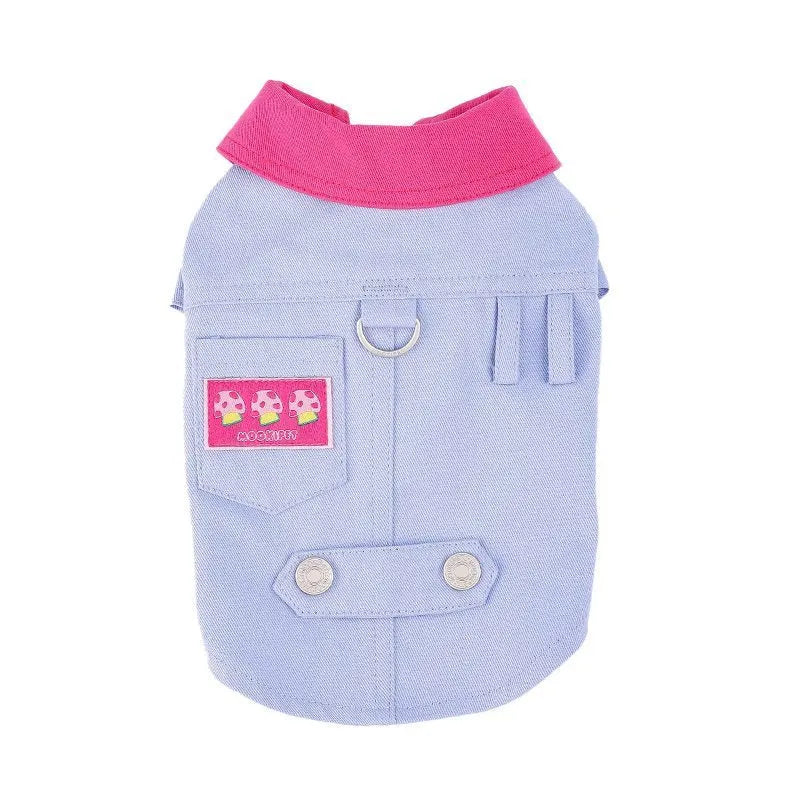 Blue and purple polyester dog vest with traction rope ring for small breeds in summer