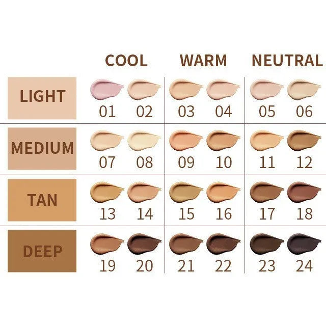 Waterproof concealer contour stick with liquid pen applicator showing 24 colour shades
