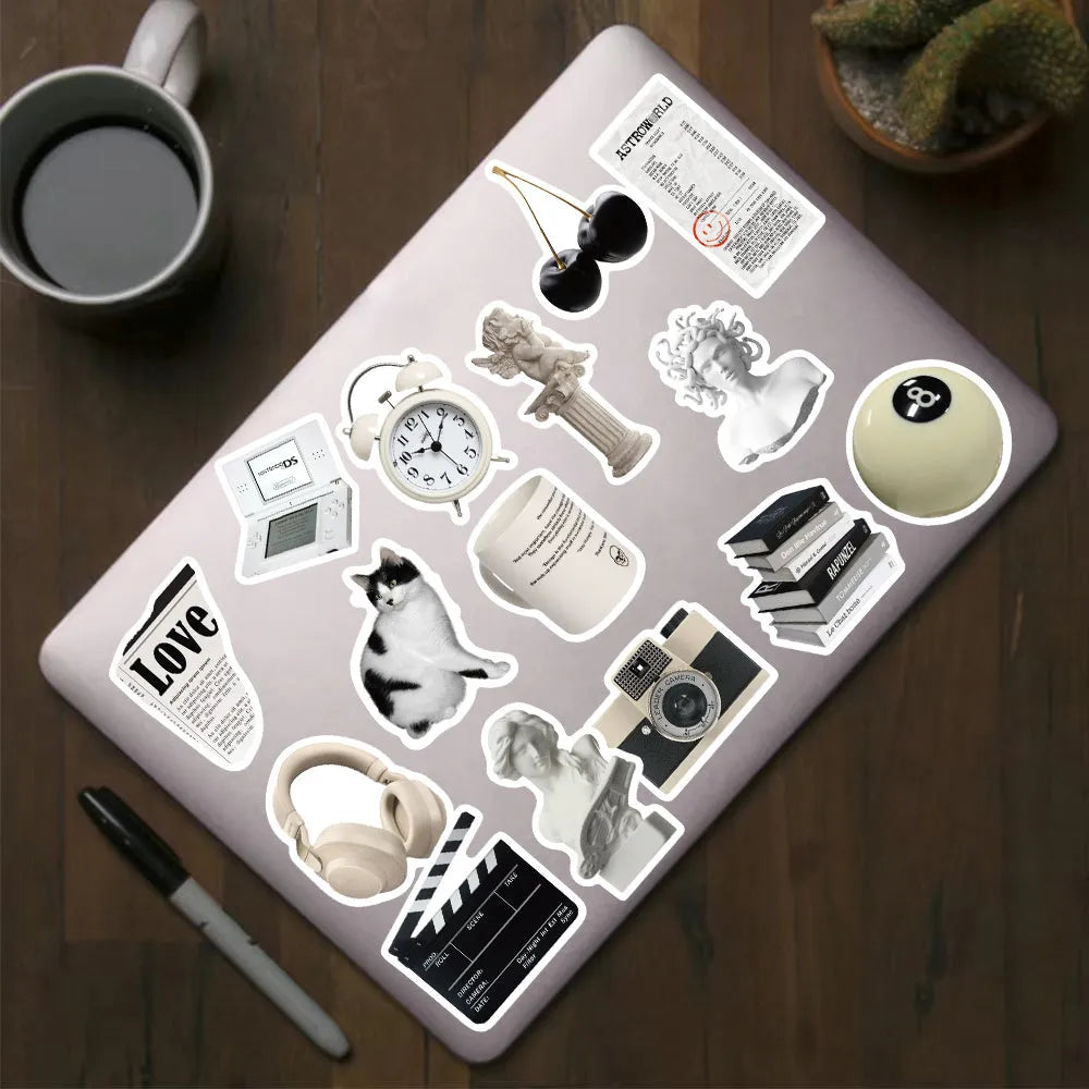 Black and white PVC waterproof sticker set with 61 pieces for multiple surfaces
