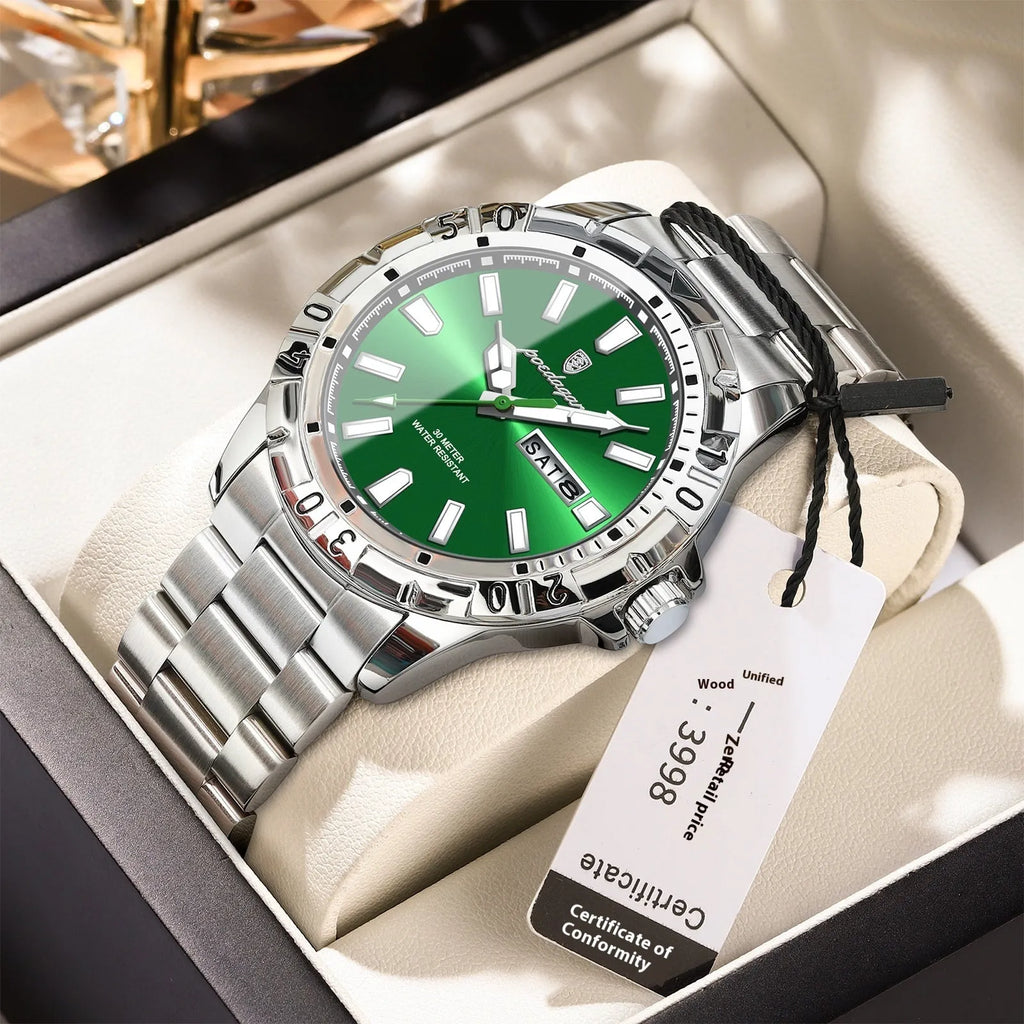 Swiss men's waterproof luminous watch with steel bracelet in gold or silver case colours