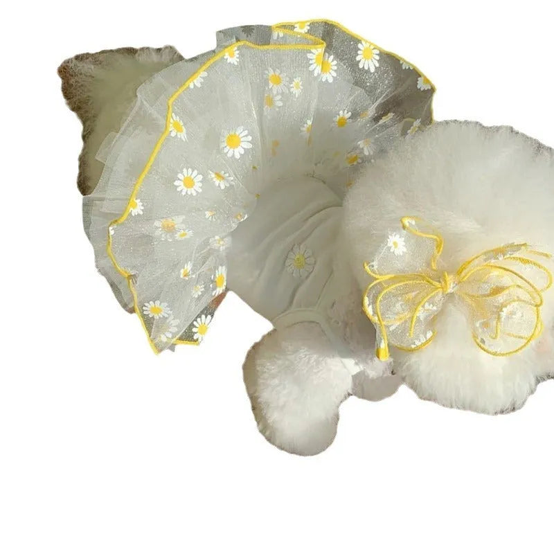 Yellow daisy print dog clothes on pet with lightweight polyester summer outfit