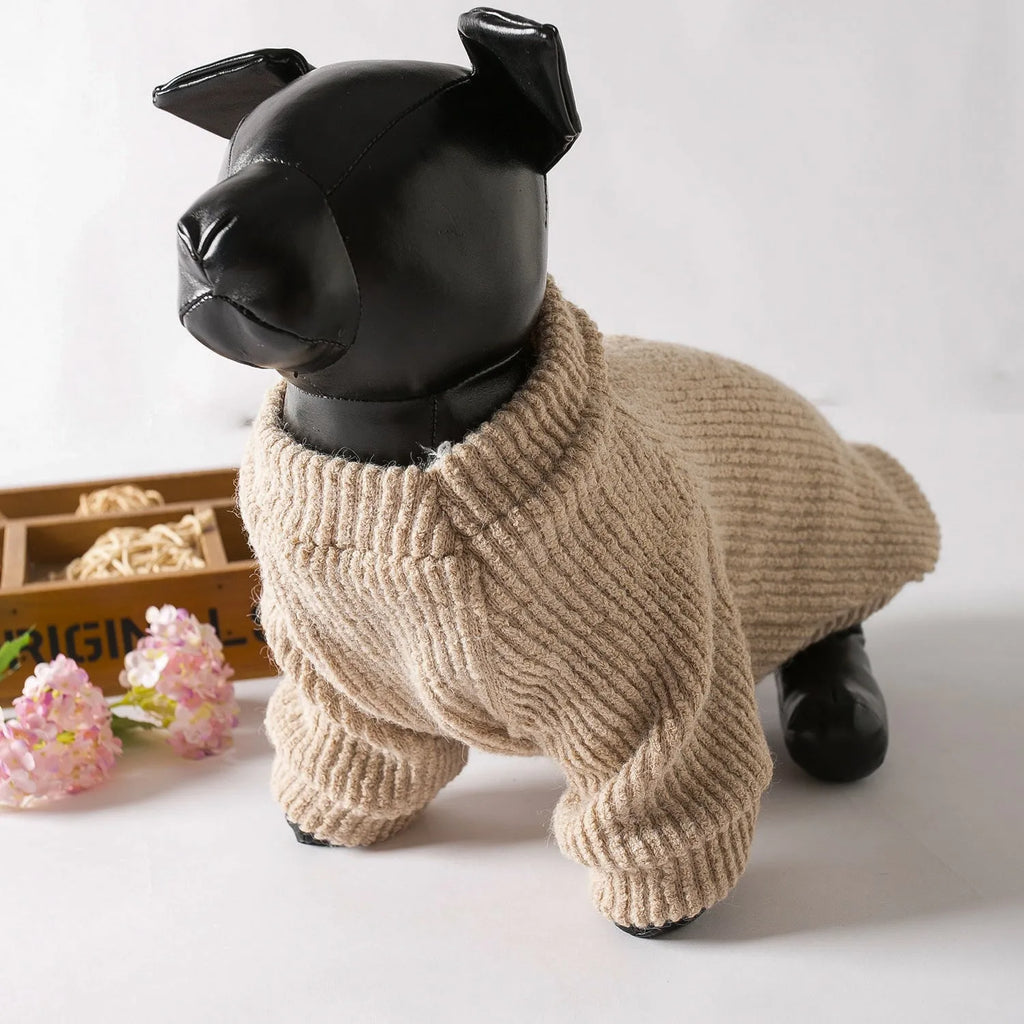 Brown knitted pullover sweater on small dog showing casual design with five size options