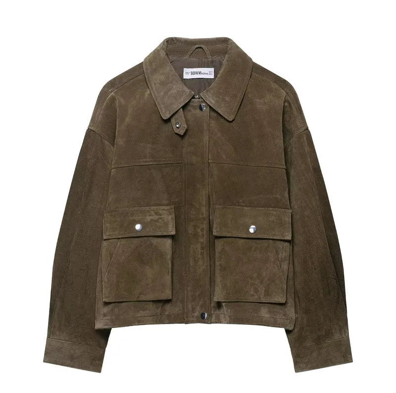 Women's medium thickness PU casual jacket in picture colour with Japanese Korean style details
