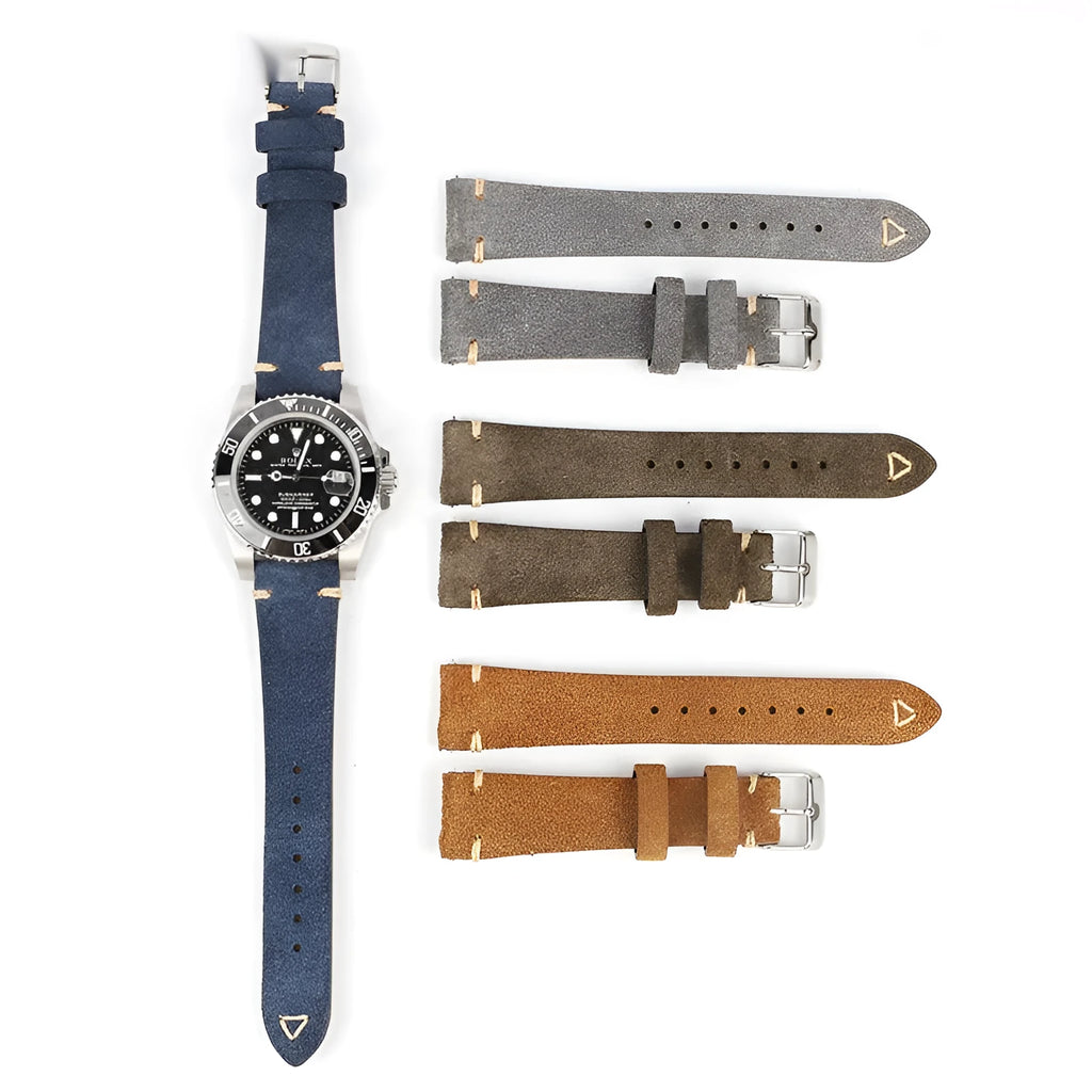 Suede genuine leather watch strap in brown, blue, grey, and Army Green colours for 20mm and 22mm watches