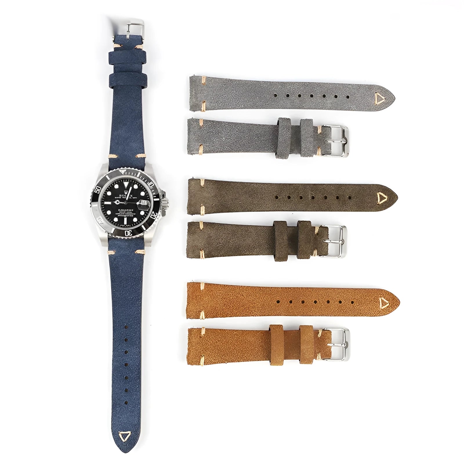 Suede genuine leather watch strap in brown, blue, grey, and Army Green colours for 20mm and 22mm watches