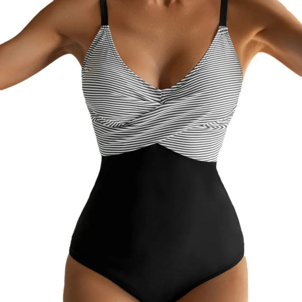 Women's printed bikini swimsuit with lace-up front and backless design in polyester fabric