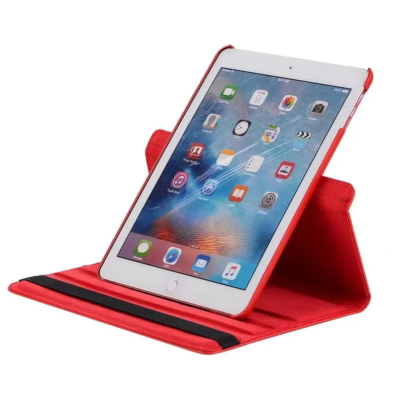iPad rotating protective sleeve in imitation leather clamshell case showing multiple colour options