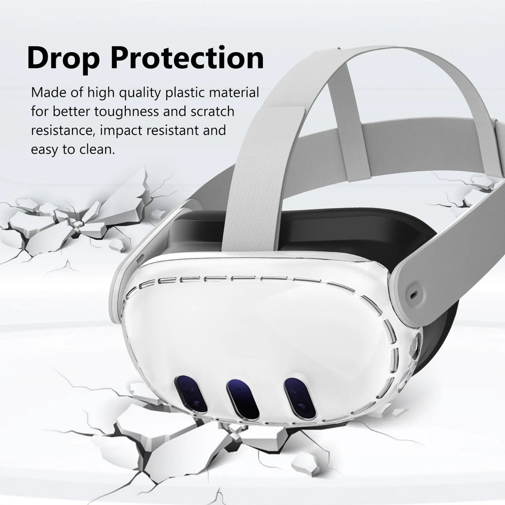 Transparent PC protective case for VR glasses with silicone edges on a white background